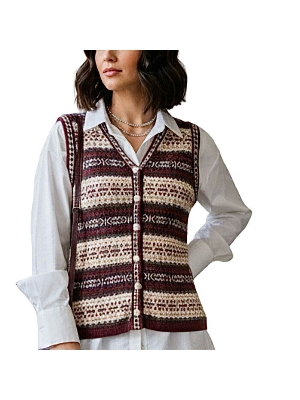 Vintage 80s 90s fair isle pure cotton knit beige burgundy knit sweater vest S